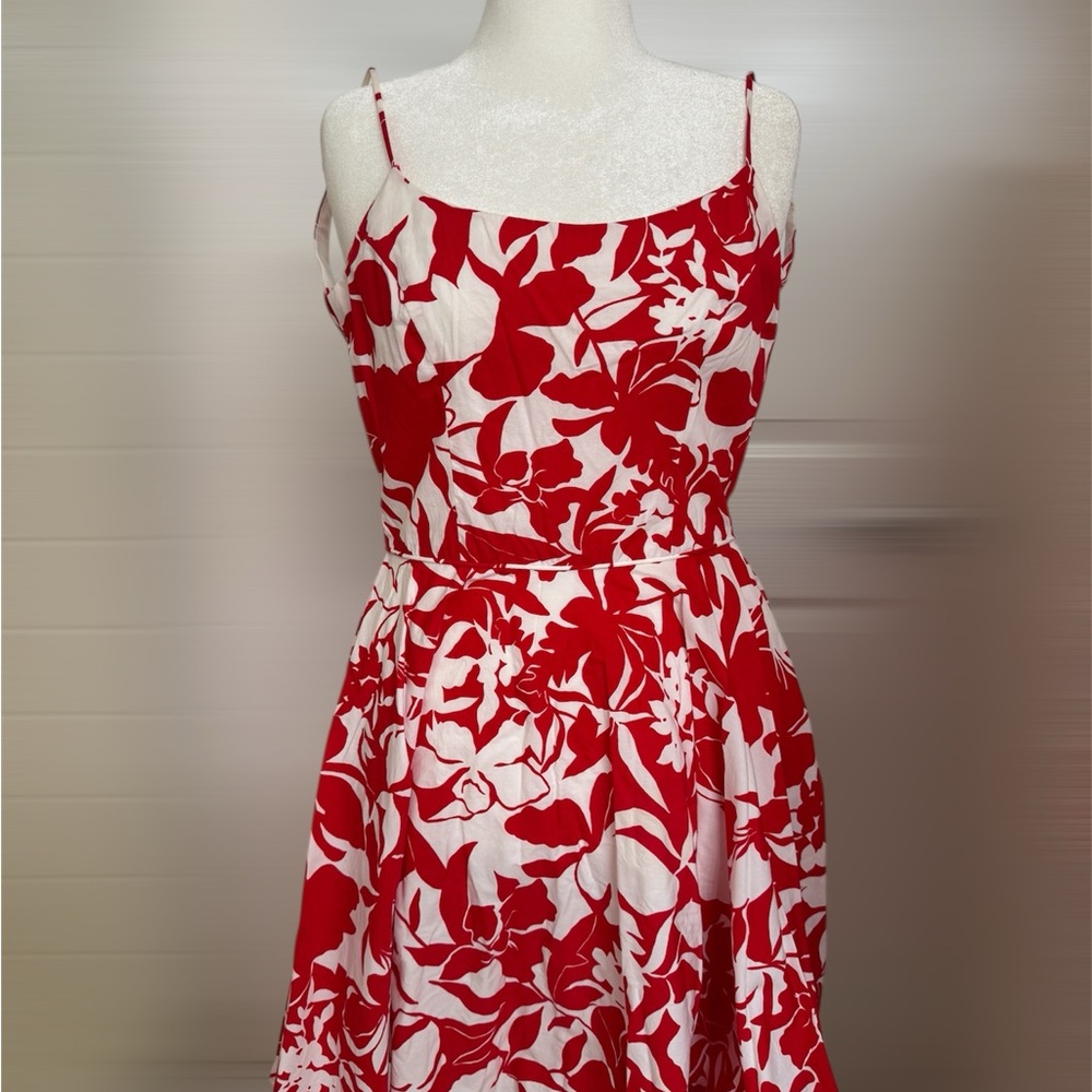 Moda International Red and White Floral, A-Line, Midi Dress